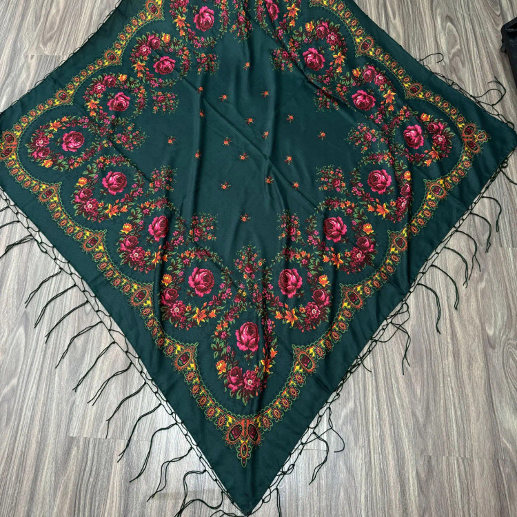 روسری نخی ترکمن مدل قاب گل قواره 130x130 سانتی متر نازک 4 فصل
