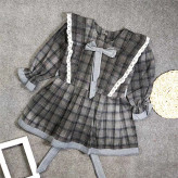 پیراهن دخترانه چهارخانه کتان سنگشور یقه چین دار مدل پاپیون دار