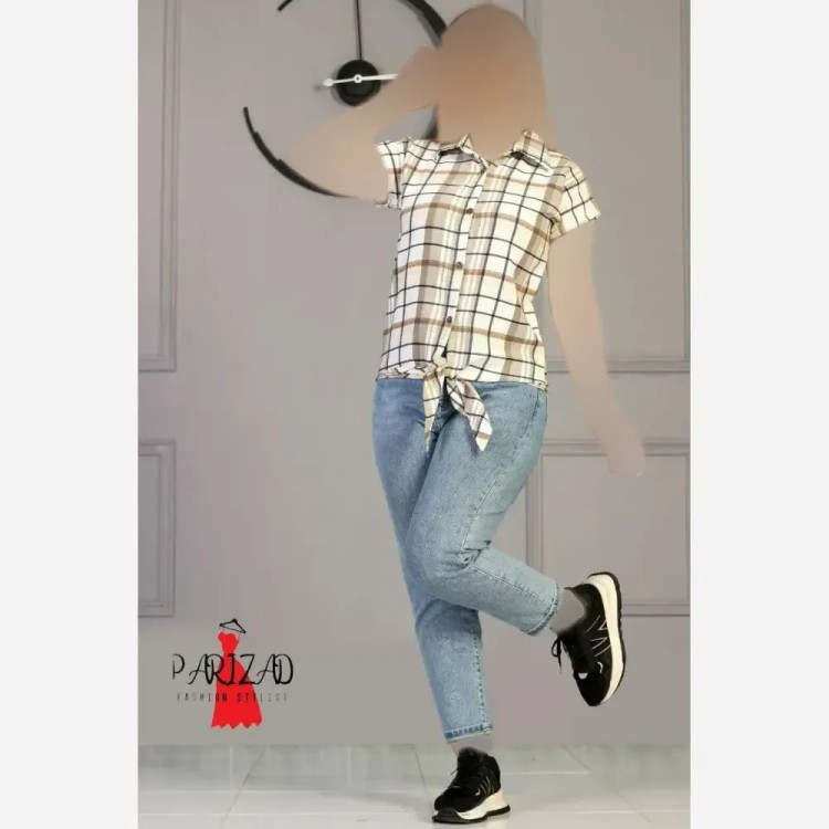 شومیز زنانه مدل گرهی چهارخونه نخی مناسب سایز لارج و ایکس لارج